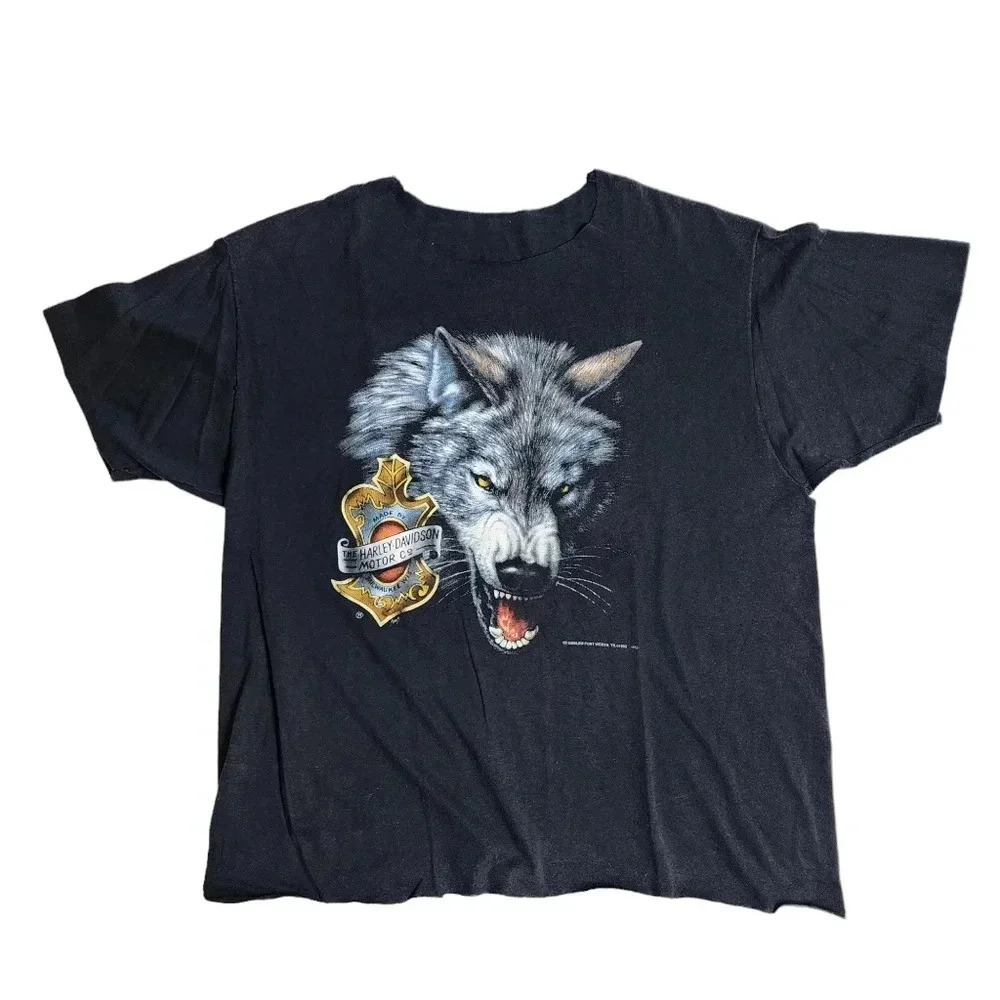 Harley Davidson 3D Emblem Wolf Single Stitch Shirt CUT NECK AND HEM